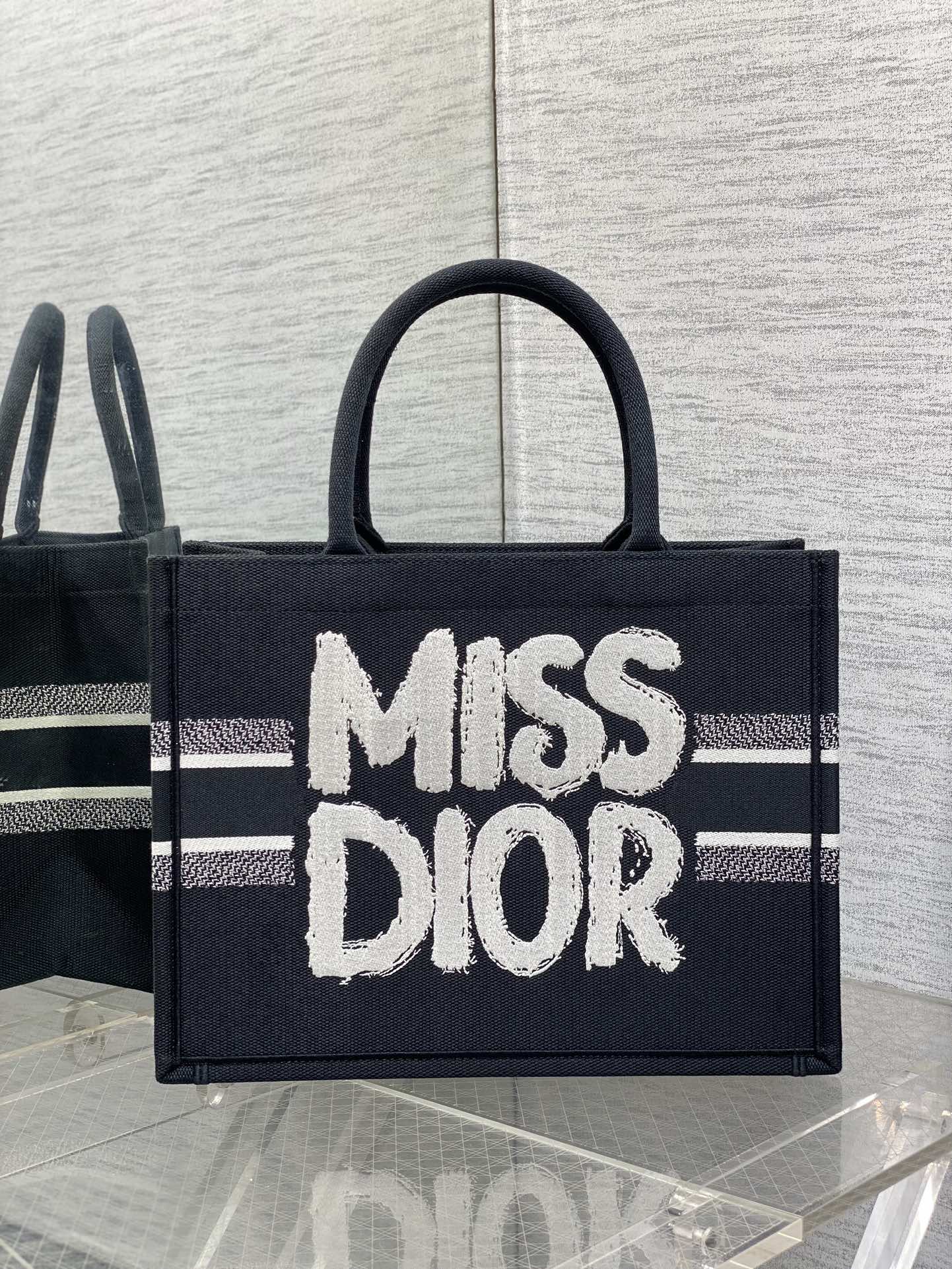 Medium Dior Book Tote Bag Black and White Miss Dior Graffiti Embroidery